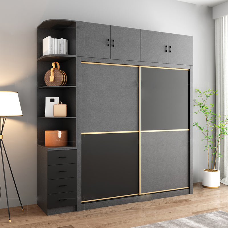 Manufactured Wood Grey Cabinet with Clothes Rail Modern Wardrobe with Sliding Doors