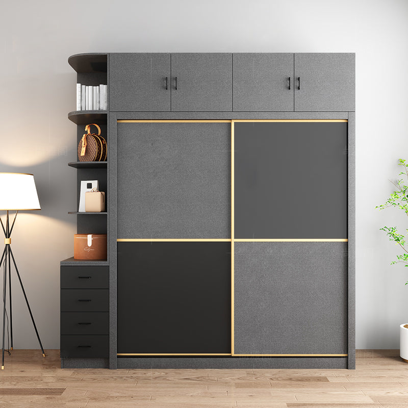 Manufactured Wood Grey Cabinet with Clothes Rail Modern Wardrobe with Sliding Doors