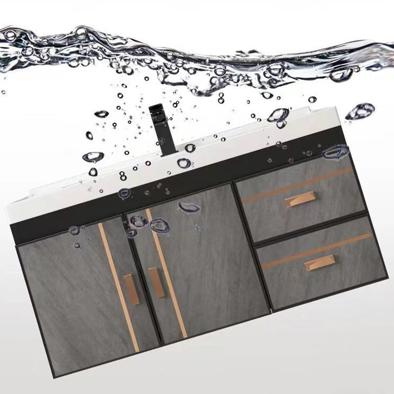 2 Doors Bathroom Vanity Grey Mirror Ceramic Top Wall Mount Vanity Set with Single Sink