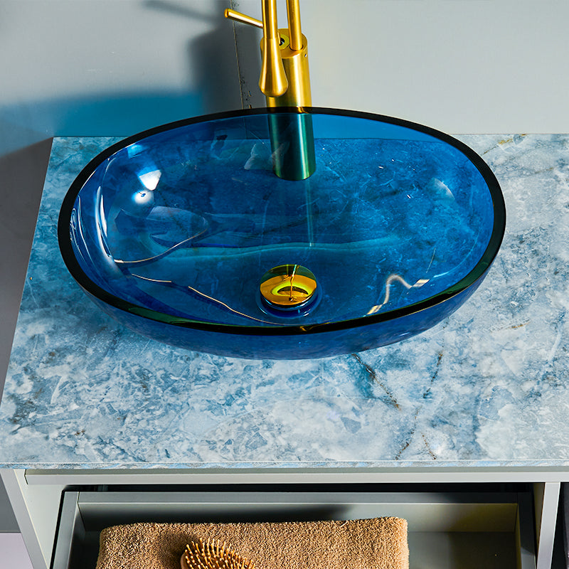 Modern Vessel Sink Oval Glass with Pop-Up Drain and Faucet Vessel Bathroom Sink