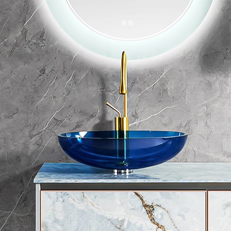 Modern Vessel Sink Oval Glass with Pop-Up Drain and Faucet Vessel Bathroom Sink