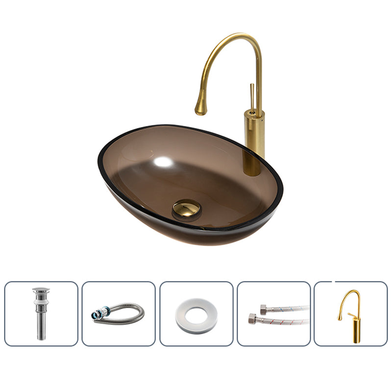 Modern Vessel Sink Oval Glass with Pop-Up Drain and Faucet Vessel Bathroom Sink