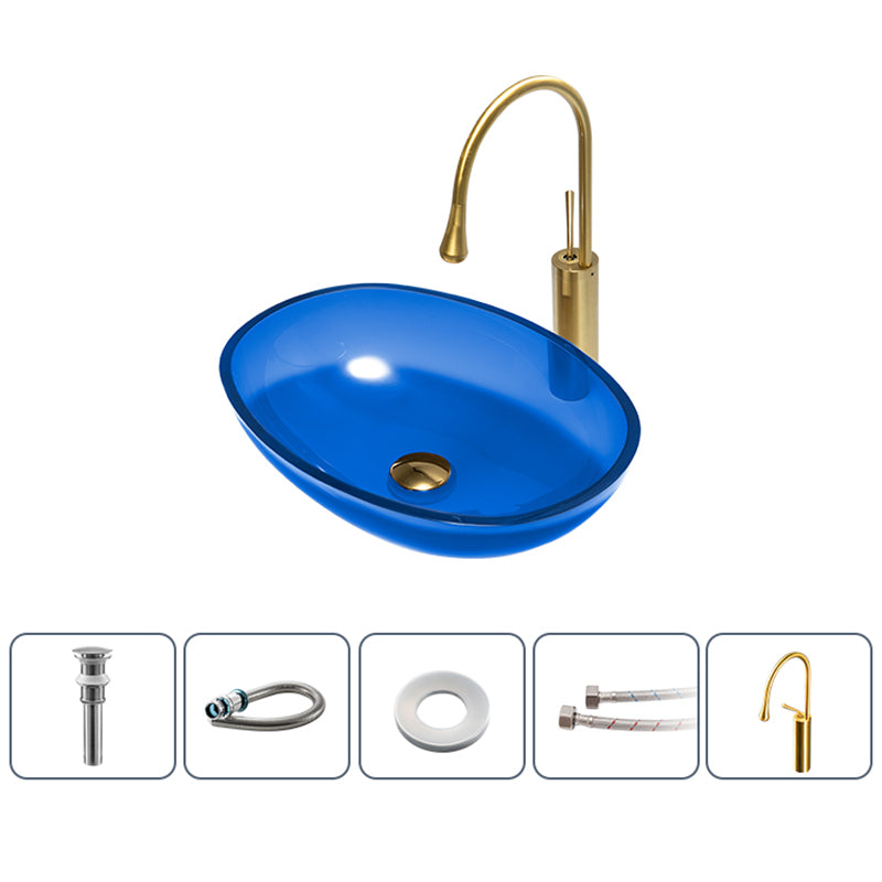 Modern Vessel Sink Oval Glass with Pop-Up Drain and Faucet Vessel Bathroom Sink