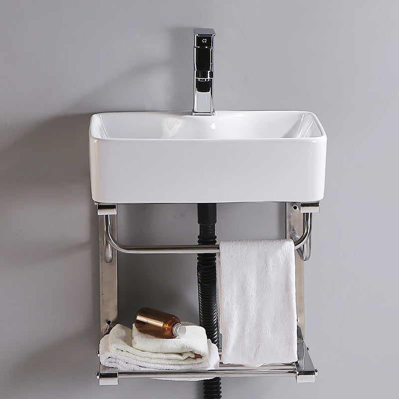 Modern Wall Mount Bathroom Sink Porcelain with Pop-Up Drain and Faucet Vessel Sink