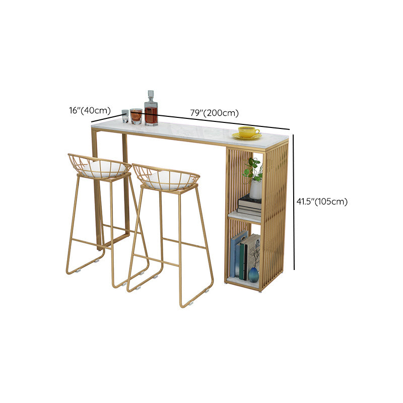 Gold Base Pub Table Faux Marble and White Bar Table with 2 Shelves