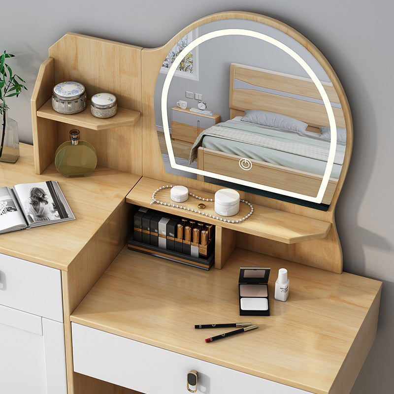 Rubberwood Vanity Set with Stool and Mirror Scandinavian Drawers Dresser