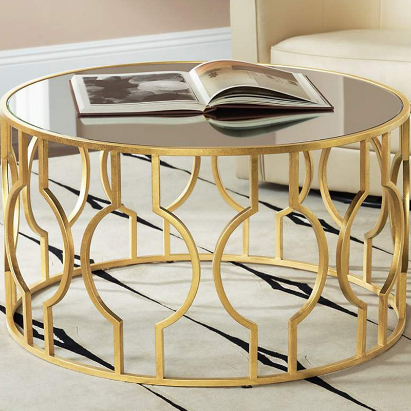 Contemporary Round Glass Coffee Table Brass Metal Frame 1 Single Cocktail Table