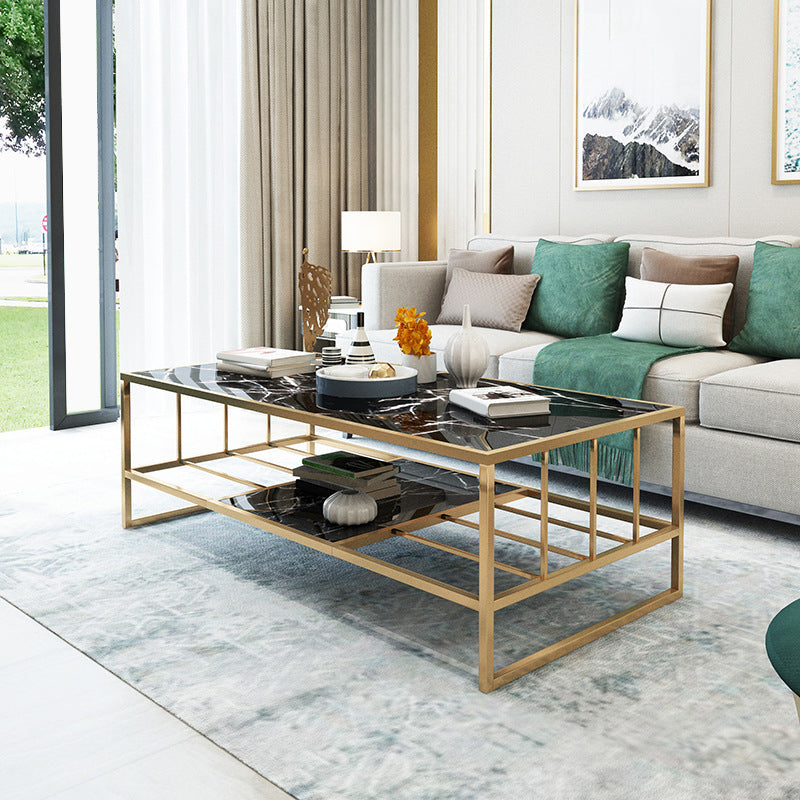 Glam Rectangle Coffee Table with Golden Sled Base and Storage Shelf