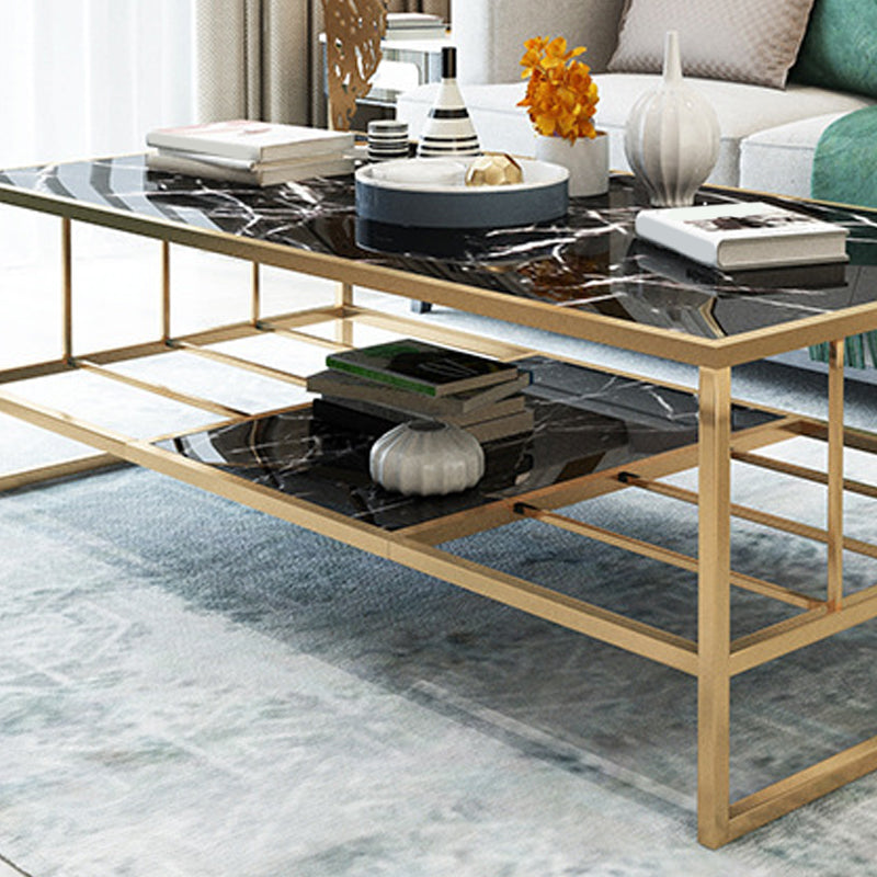 Glam Rectangle Coffee Table with Golden Sled Base and Storage Shelf