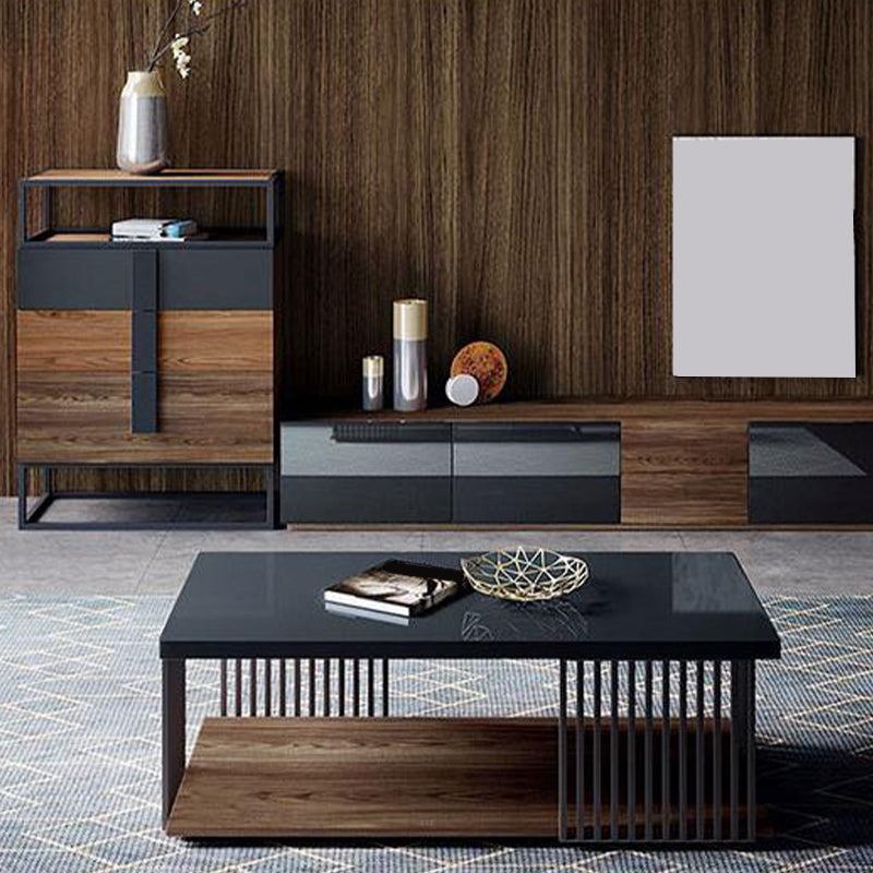 Rectangular Iron and Wood Coffee Cocktail Table with Storage
