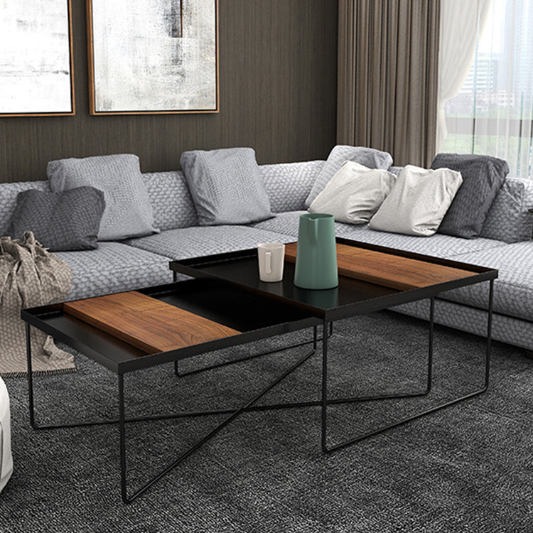 Mid-Century Modern Metal & Wood Coffee Table Cross Legs Cocktail Table Set