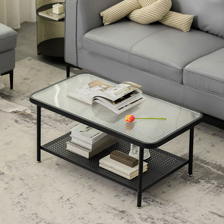 Glass Top Coffee Table 4 Legs Coffee Cocktail Table with Shelf