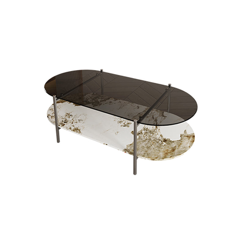 15.74" H Oval Glass Coffee Table Stainless Steel Sled Cocktail Table with Shelf