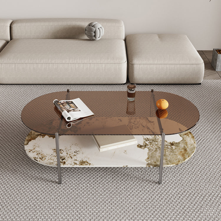 15.74" H Oval Glass Coffee Table Stainless Steel Sled Cocktail Table with Shelf