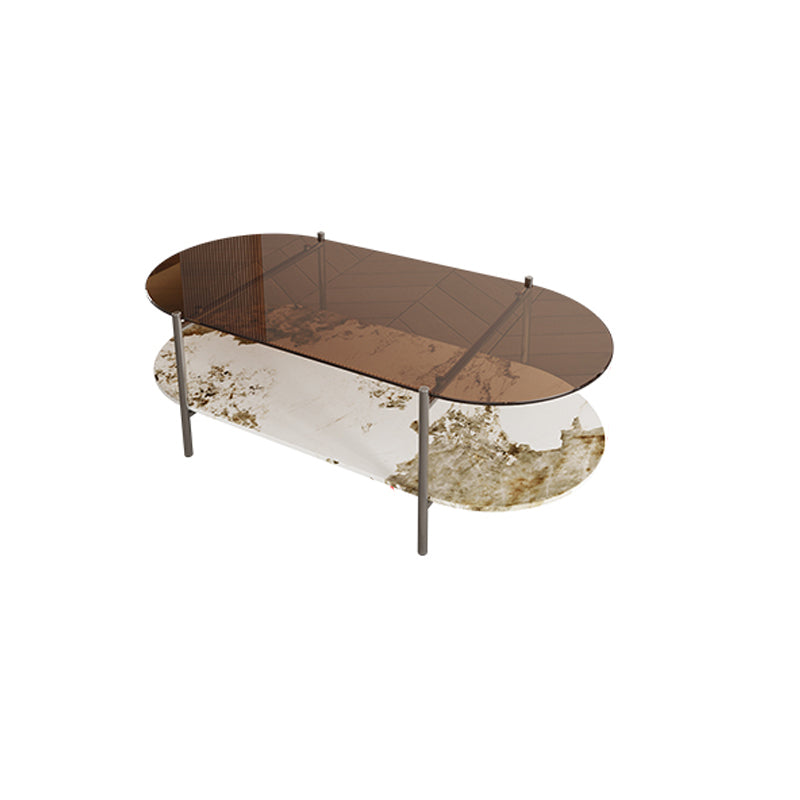15.74" H Oval Glass Coffee Table Stainless Steel Sled Cocktail Table with Shelf