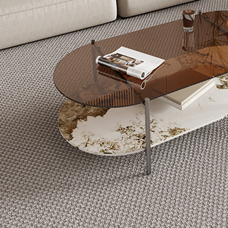 15.74" H Oval Glass Coffee Table Stainless Steel Sled Cocktail Table with Shelf