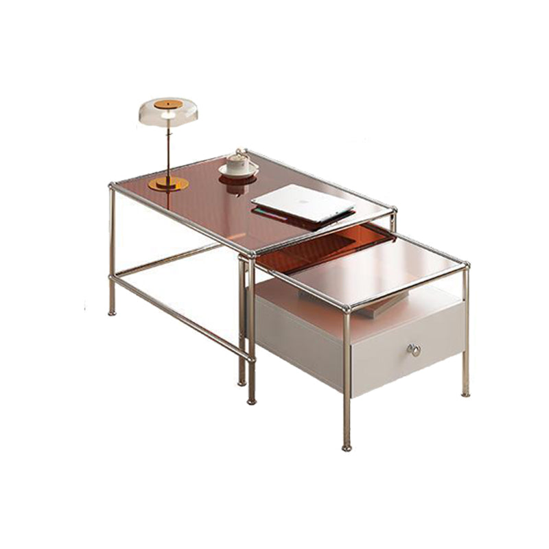 Modern 2 Nesting Glass Coffee Table Set Steel 4 Legs 1 - Drawer Cocktail Table