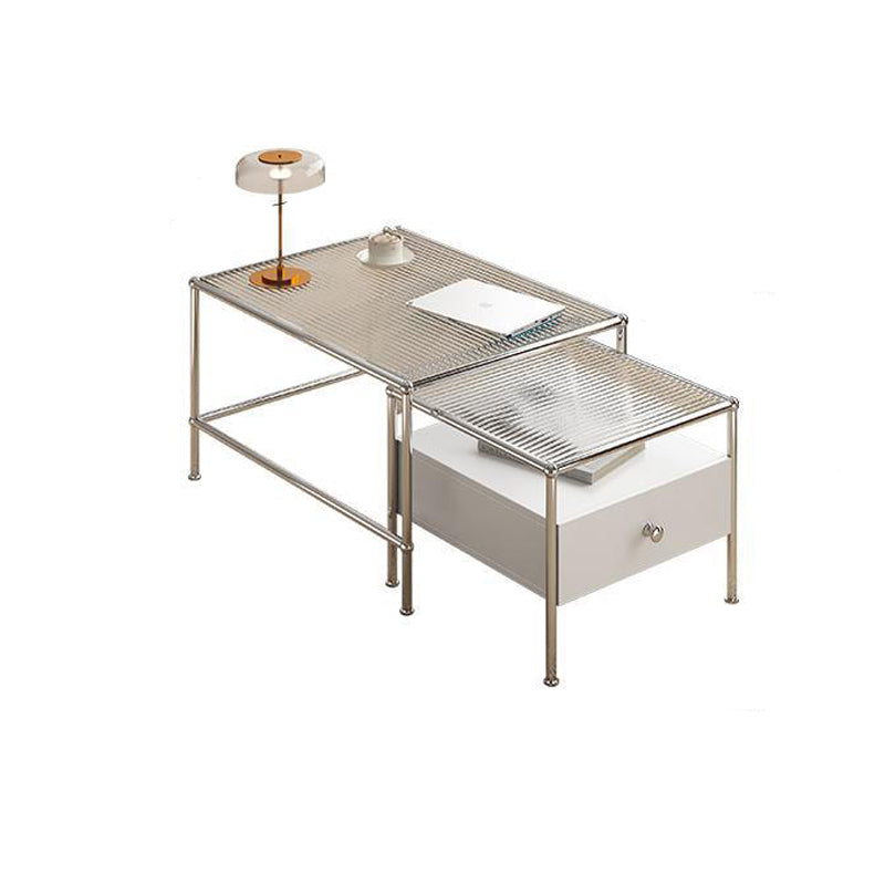 Modern 2 Nesting Glass Coffee Table Set Steel 4 Legs 1 - Drawer Cocktail Table
