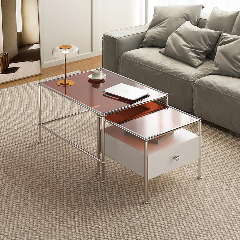 Modern 2 Nesting Glass Coffee Table Set Steel 4 Legs 1 - Drawer Cocktail Table