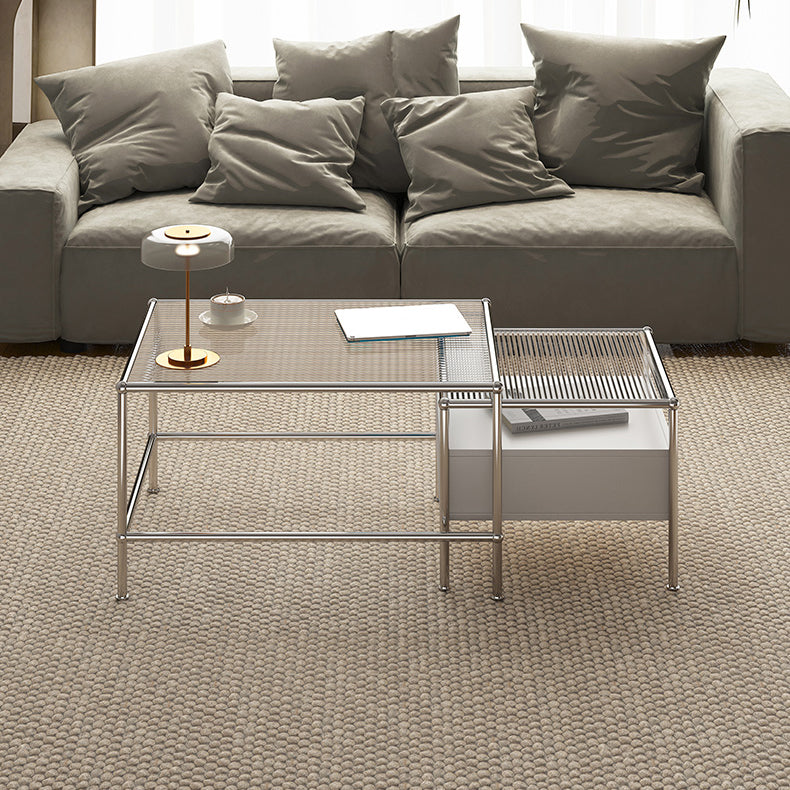 Modern 2 Nesting Glass Coffee Table Set Steel 4 Legs 1 - Drawer Cocktail Table