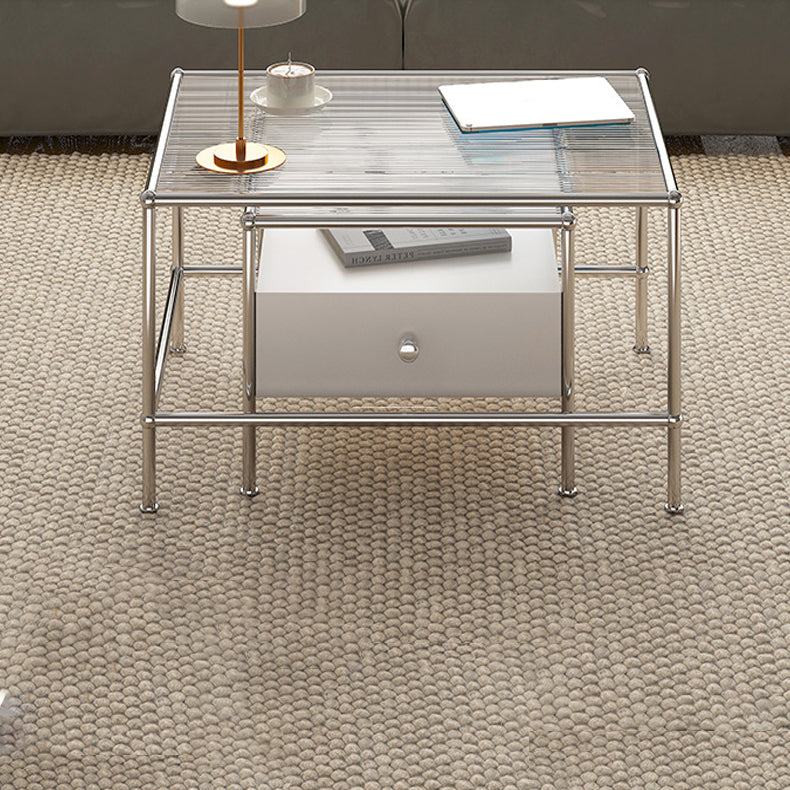 Modern 2 Nesting Glass Coffee Table Set Steel 4 Legs 1 - Drawer Cocktail Table