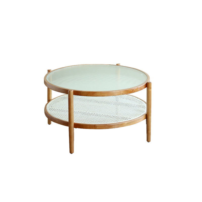 Round Glass/ Wood Top Coffee Table 4 Legs Cocktail Table with Shelf