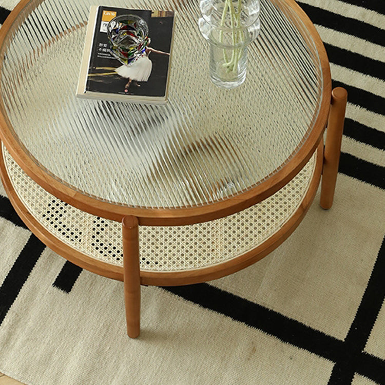 Round Glass/ Wood Top Coffee Table 4 Legs Cocktail Table with Shelf