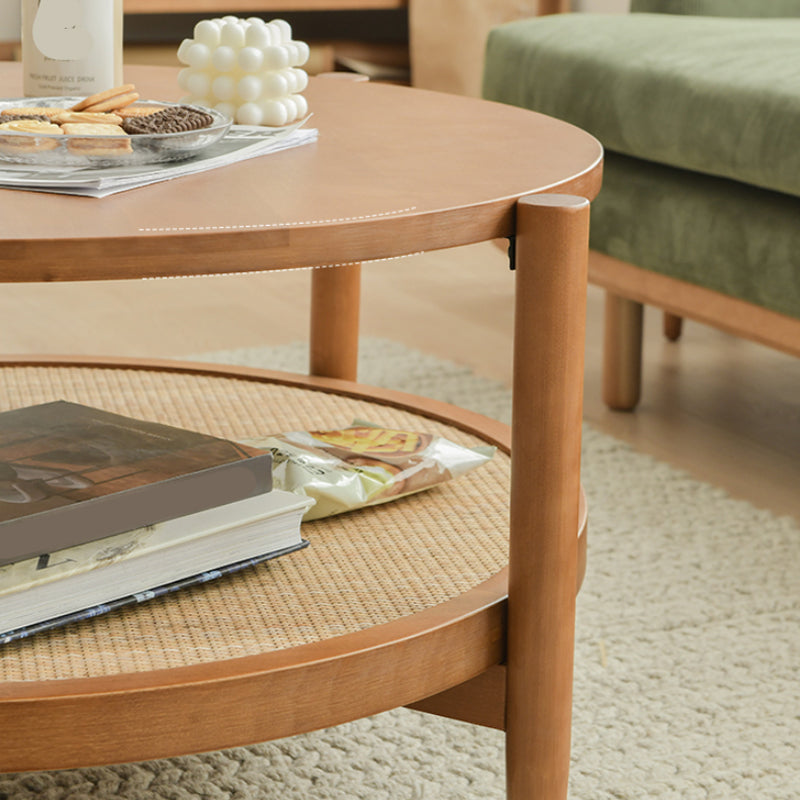 Round Glass/ Wood Top Coffee Table 4 Legs Cocktail Table with Shelf
