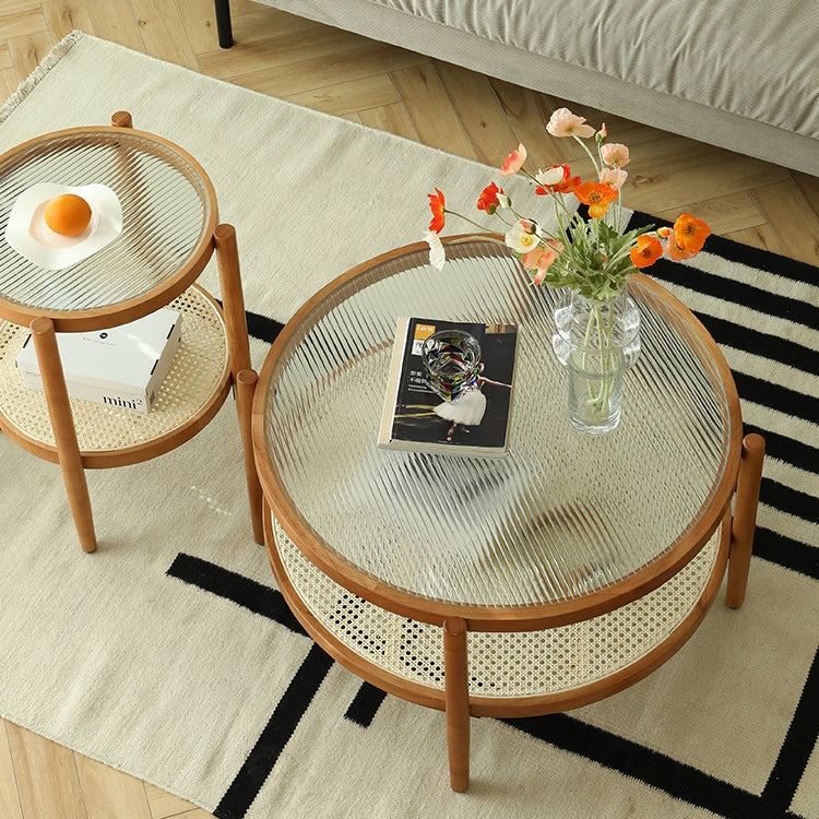 Round Glass/ Wood Top Coffee Table 4 Legs Cocktail Table with Shelf