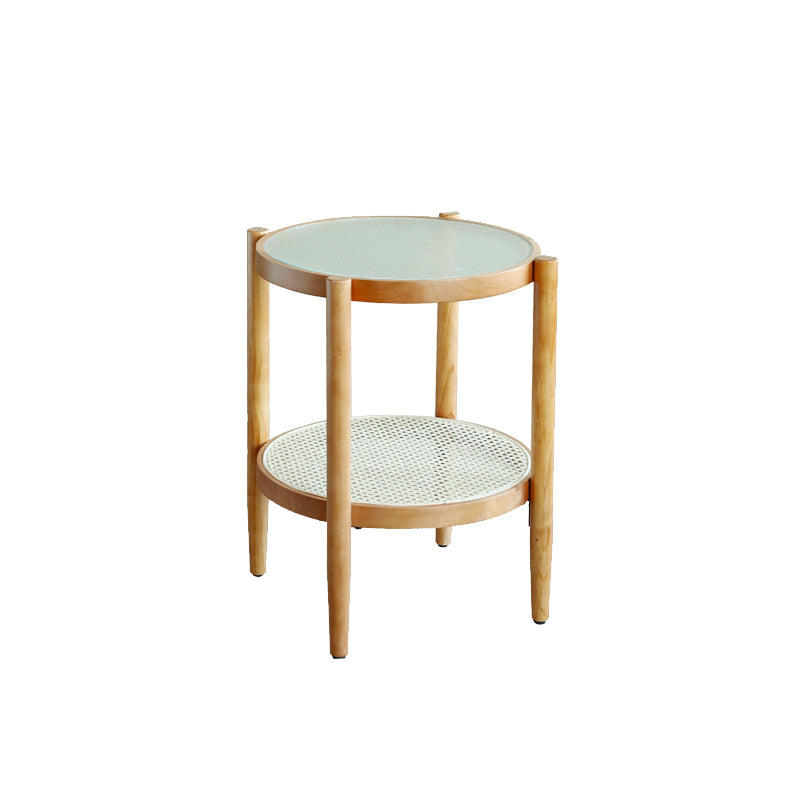 Round Glass/ Wood Top Coffee Table 4 Legs Cocktail Table with Shelf