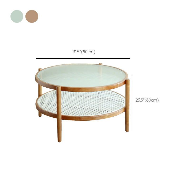 Round Glass/ Wood Top Coffee Table 4 Legs Cocktail Table with Shelf