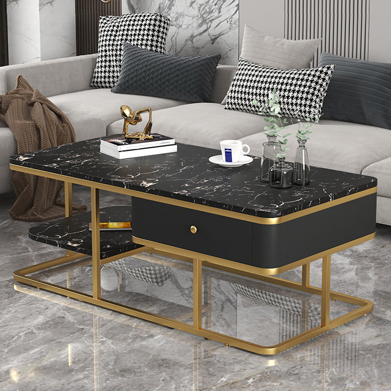Glam Rectangle Cocktail Table with Marble Top and 1 Drawer and 1 Shelf