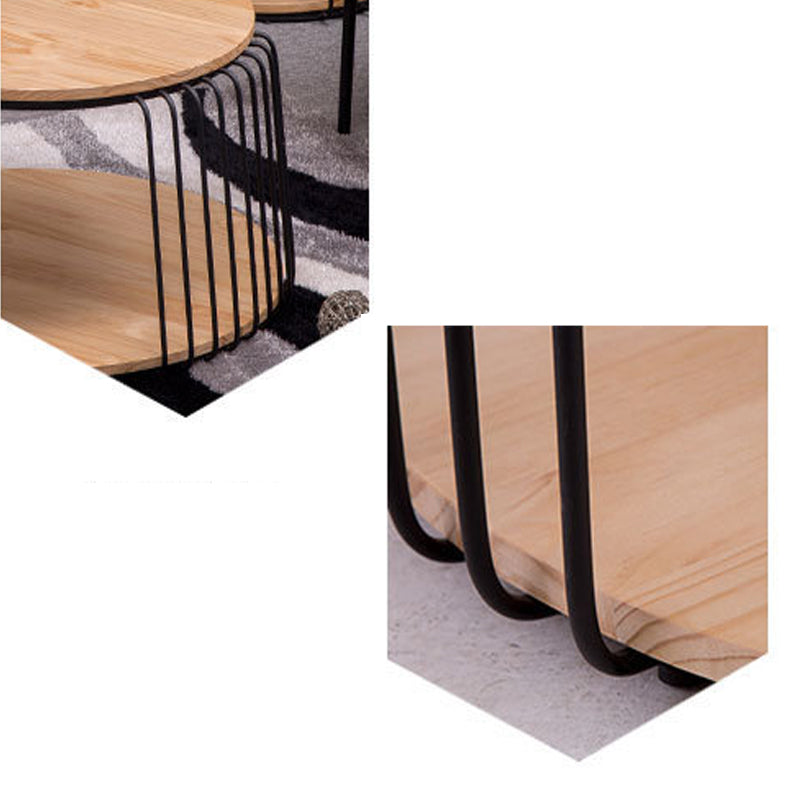 Round Solid Wood Coffee Table Drum Coffee Cocktail Table with Floor Shelf