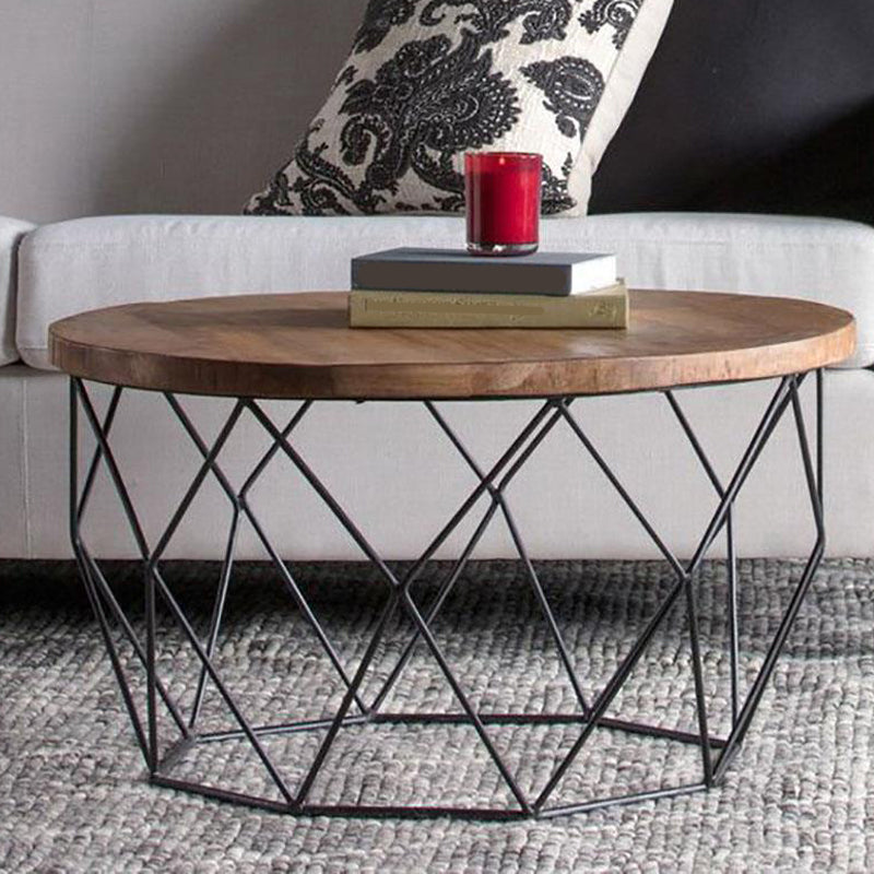 17.7" H Wood Round Top Coffee Table, Metal Frame Base Cocktail Table