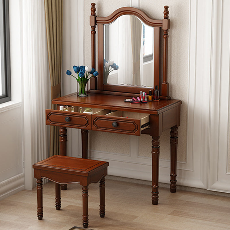 Traditional Mirrored Vanity Set Wood Dresser with 2 Drawers and Stool