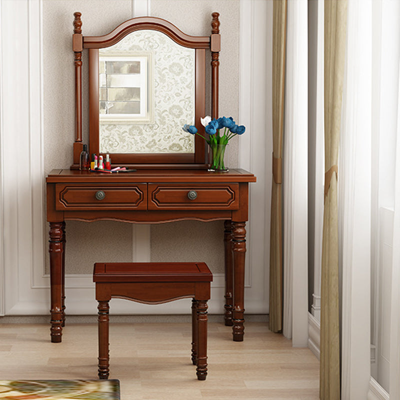 Traditional Mirrored Vanity Set Wood Dresser with 2 Drawers and Stool