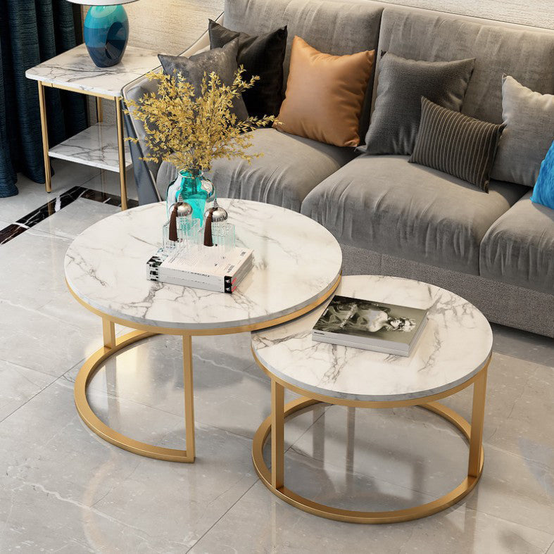 Glam Round Nesting Coffee Table with Marble Top and Metal Base