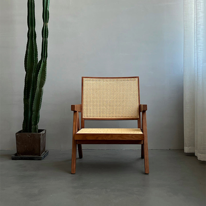 Woven Back Lounge Chair Solid Wood Arms Included Chair with Cushion