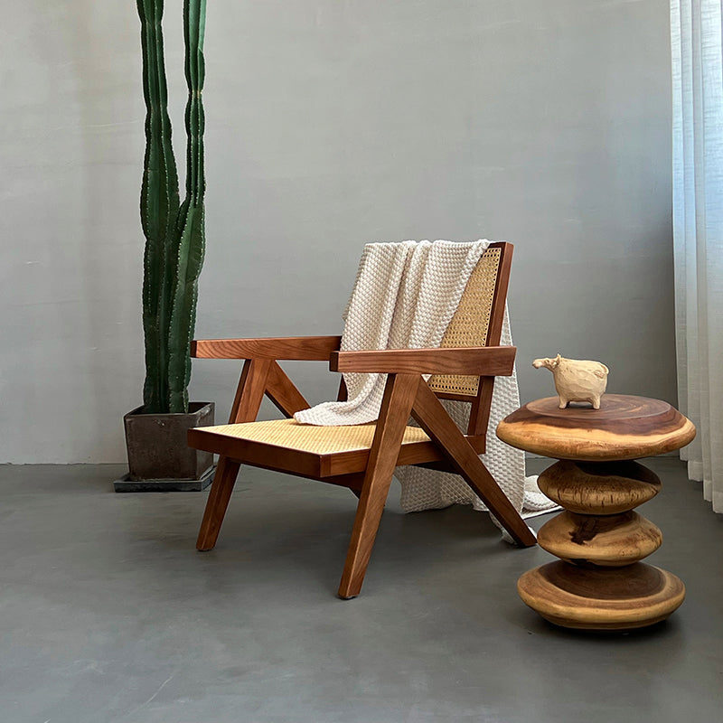 Woven Back Lounge Chair Solid Wood Arms Included Chair with Cushion
