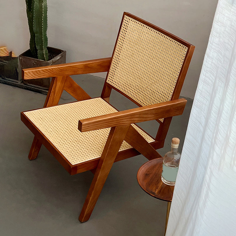 Woven Back Lounge Chair Solid Wood Arms Included Chair with Cushion