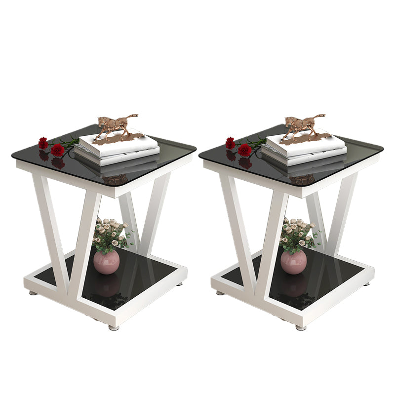Modern 23.22" Tall Square Glass Top Side Table Steel Trestle Base End Table with Shelf