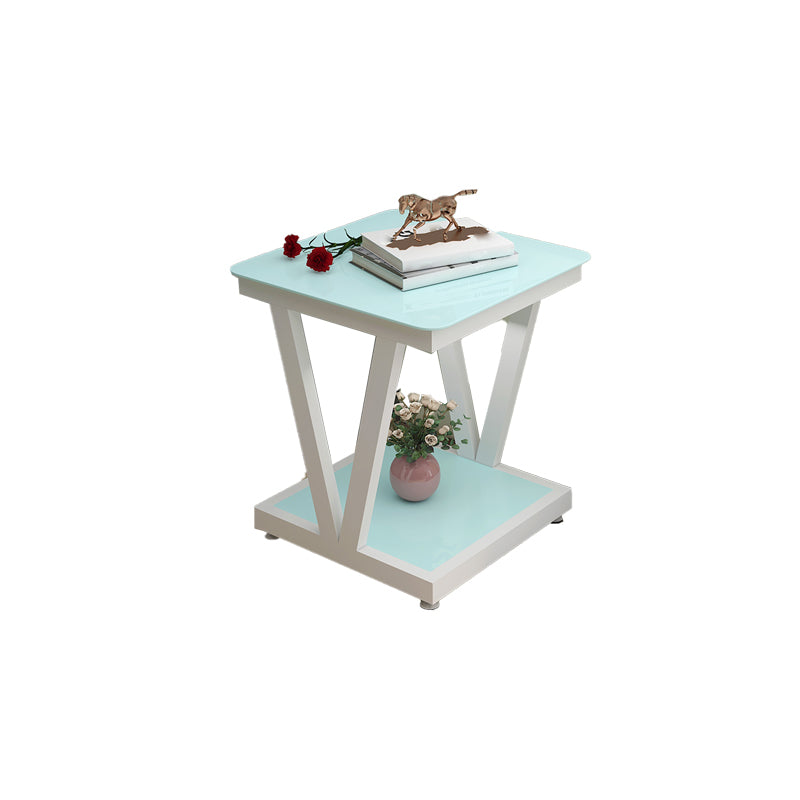 Modern 23.22" Tall Square Glass Top Side Table Steel Trestle Base End Table with Shelf