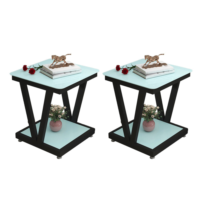 Modern 23.22" Tall Square Glass Top Side Table Steel Trestle Base End Table with Shelf