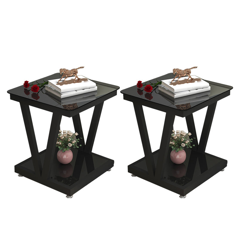Modern 23.22" Tall Square Glass Top Side Table Steel Trestle Base End Table with Shelf