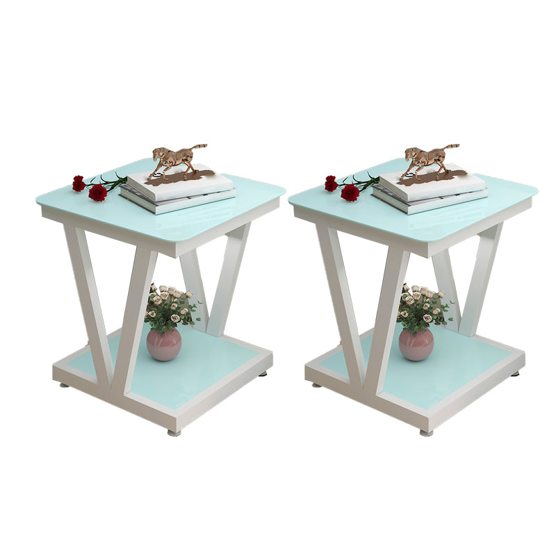 Modern 23.22" Tall Square Glass Top Side Table Steel Trestle Base End Table with Shelf