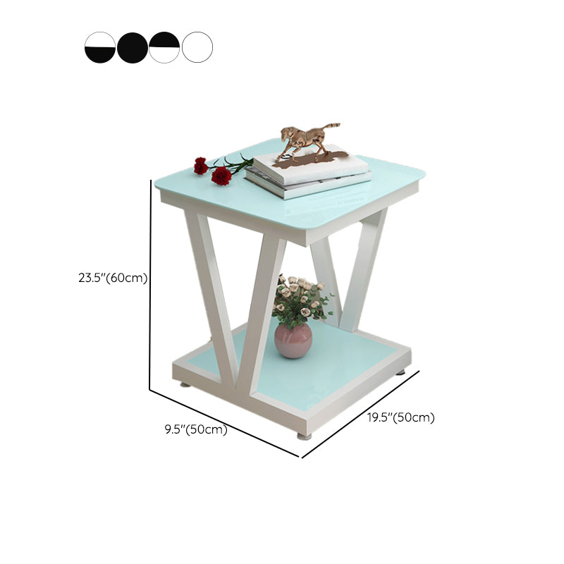 Modern 23.22" Tall Square Glass Top Side Table Steel Trestle Base End Table with Shelf