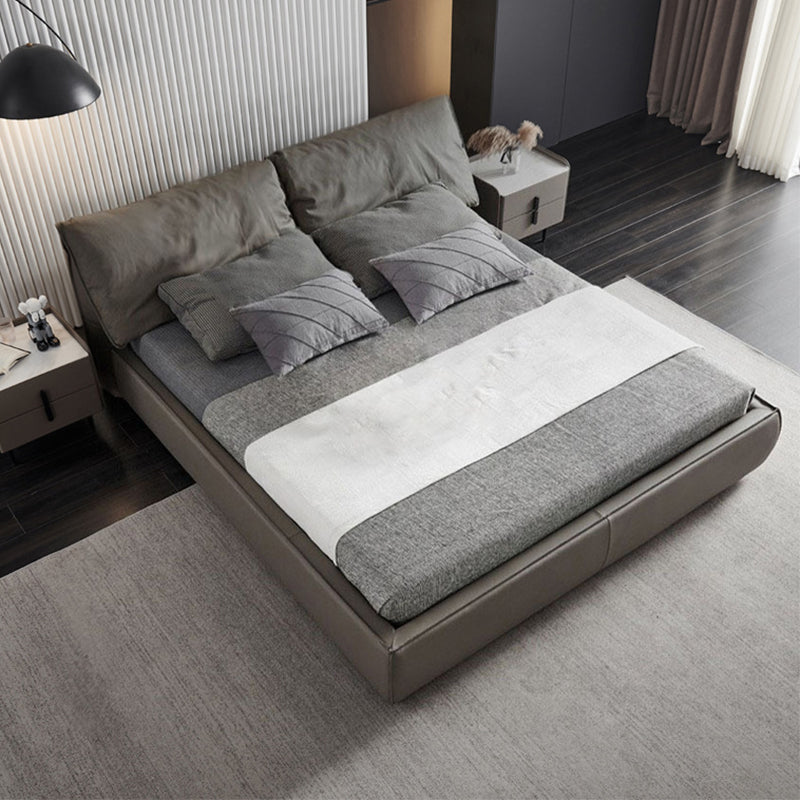 Contemporary Genuine Leather Bed Frame Standard Bed with Upholstered Headboard