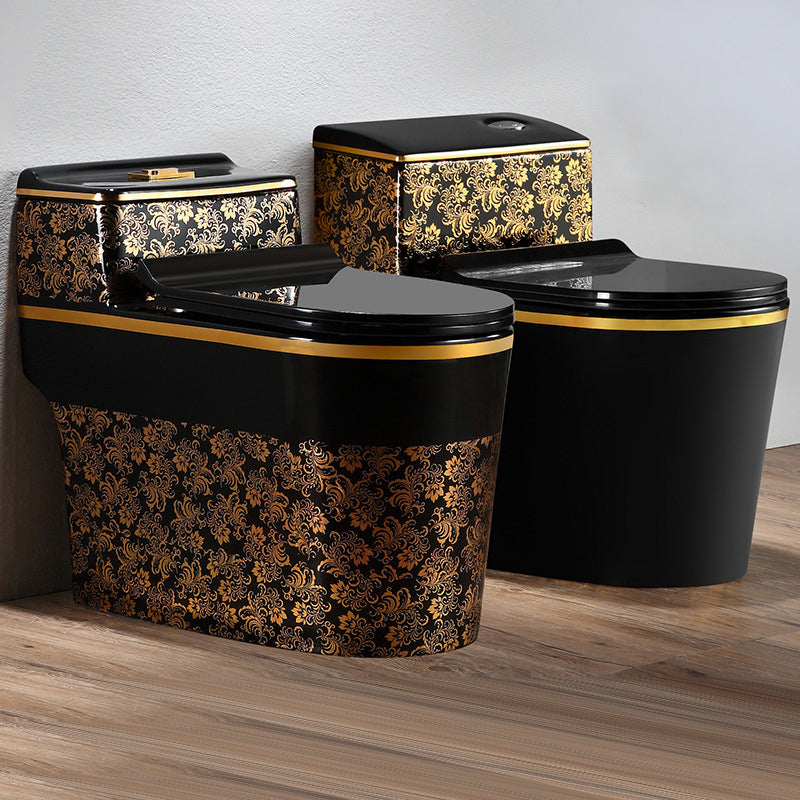 Modern Elongated Toilet Bowl Black and Golden Flush Toilet With Seat for Bathroom
