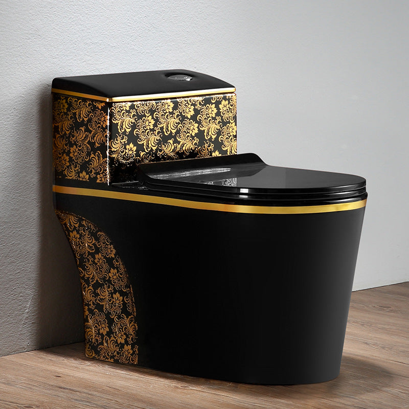 Modern Elongated Toilet Bowl Black and Golden Flush Toilet With Seat for Bathroom