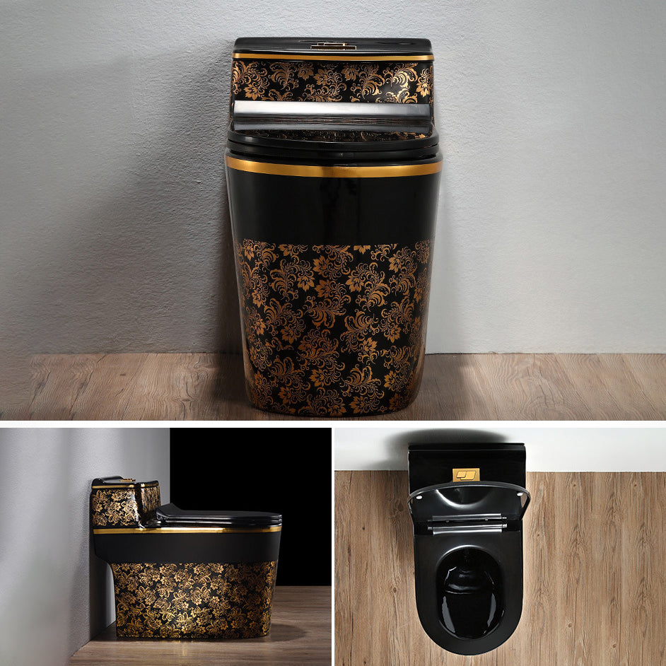 Modern Elongated Toilet Bowl Black and Golden Flush Toilet With Seat for Bathroom